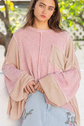 POL Round Neck Contrast Stitching High-Low Top OutfitFlow